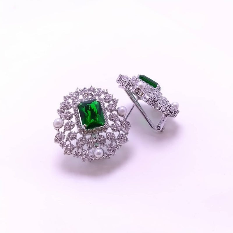 White Gold Plated Tops Pair with Zircons &amp; green. (925 Silver)