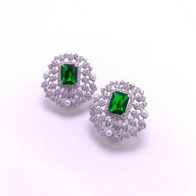 White Gold Plated Tops Pair with Zircons &amp; green. (925 Silver)