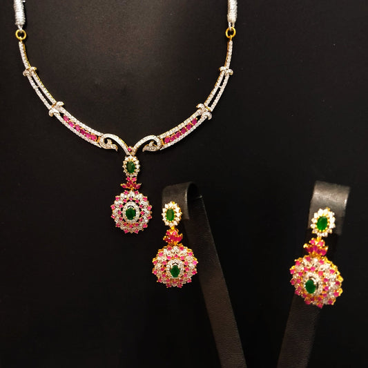 Gold Plated Necklace Set With Ruby, Emerald and Zircons. 925 Silver