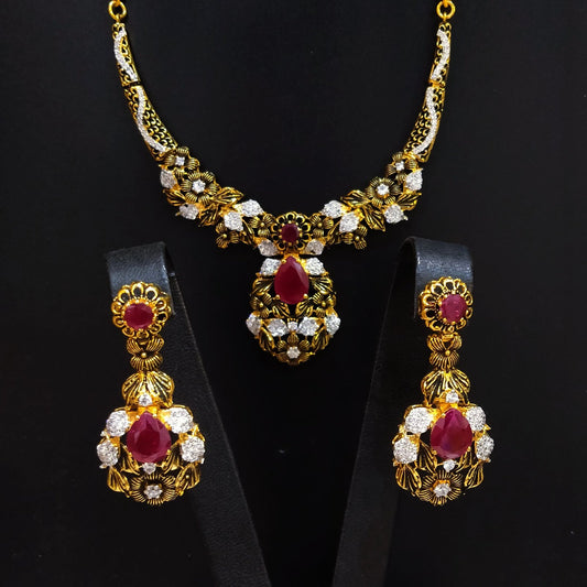 Gold Plated Necklace Set With Synthetic Ruby &amp; Zircons Antique polish.