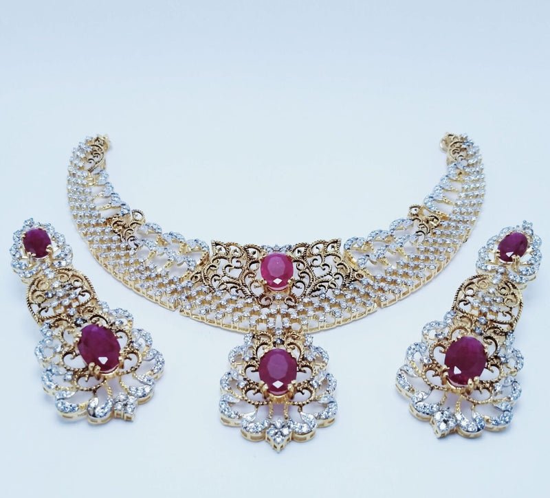 Gold PlatedBridal Necklace Set With Ruby color and americon Zircons ( 925 Silver )