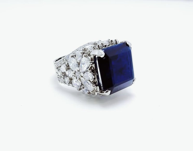 Rhodium Plated Ring with Zircon and Synthetic Blue Sapphire. (925 Silver)