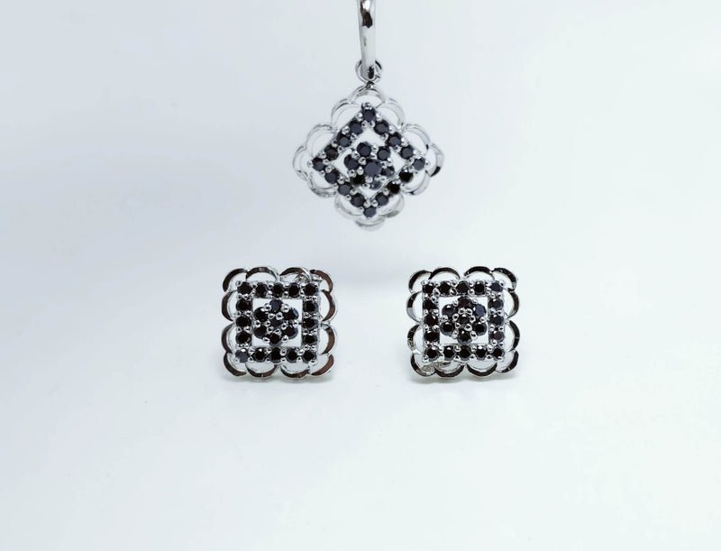 Rhodium Plated Pendant Set with Black Zircons. (925 Silver)