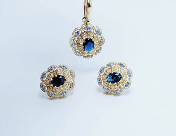 Gold Plated Pendant Set with blue Sapphire and Zircons. (925 Silver)