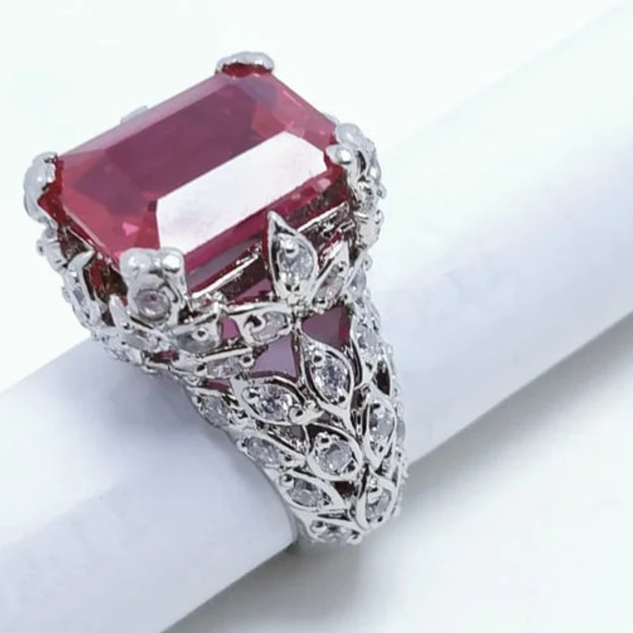 Rhodium Plated Ring with Zircon and Synthetic Ruby. (925 Silver)