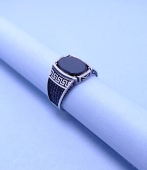 Silver Men's Ring With Black Onex. (925 Silver)