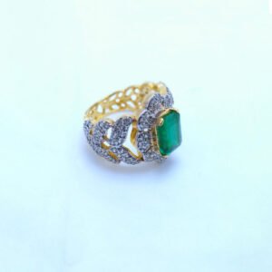 Silver Ring with Emerald cut and Zircons Gold Plated. (925 Silver)