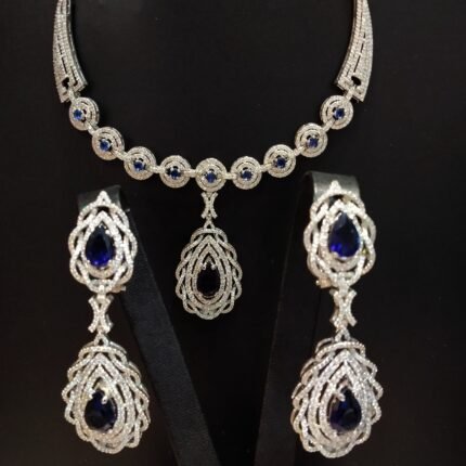 925 Silver Necklace Set With blue sapphire and Zircons Rhodium plated.