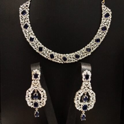 White gold plated Necklace Set With blue sapphire and Zircons 925 Silver
