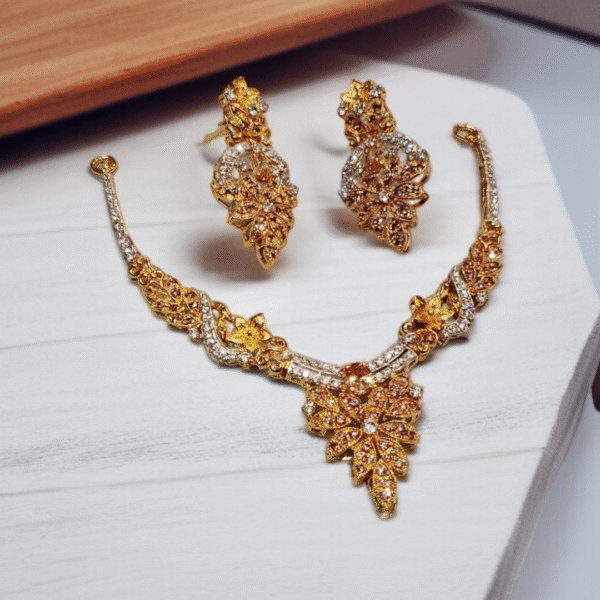 Silver with zircons gold plated necklace set
