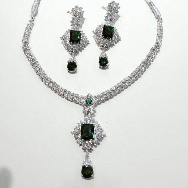 white Gold plated Necklace Set with emerald green and white zirons (92 Silver)