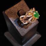 Gold Plated Ring with Synthetic Emerald and Zircons. (925 Silver)