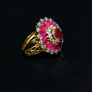 Gold Plated Rosé flower Women's Ring With Zircons And Red Chetam 925 Silver