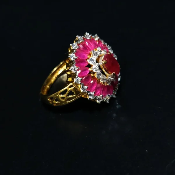 Gold Plated Rosé flower Women's Ring With Zircons And Red Chetam 925 Silver