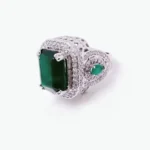 Rhodium Plated Ring with Zircon and Synthetic Emerald. 925 Silver)
