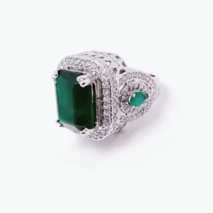 Rhodium Plated Ring with Zircon and Synthetic Emerald. 925 Silver)