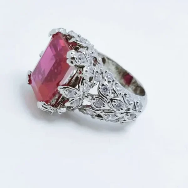 Rhodium Plated Ring with Zircon and Synthetic Ruby. (925 Silver) - Image 2