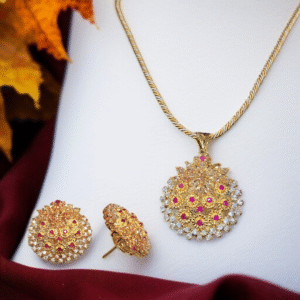 Gold Plated Pendant Set with Pink & White Zircon